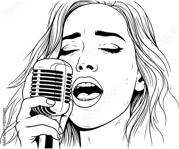 Obraz Female Singer Playing Guitar with Microphone Silhouette Vector Art
