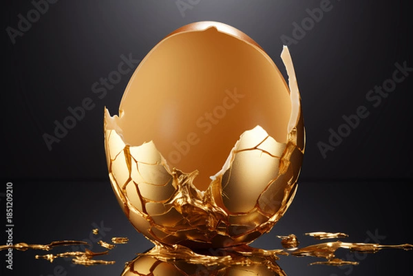 Obraz Golden egg cracked open black background