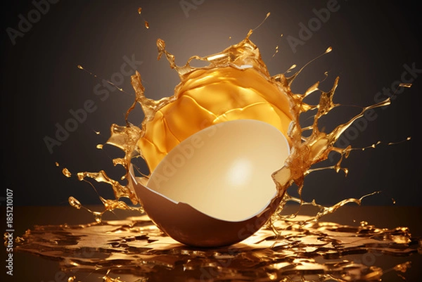 Obraz Golden egg cracked open black background