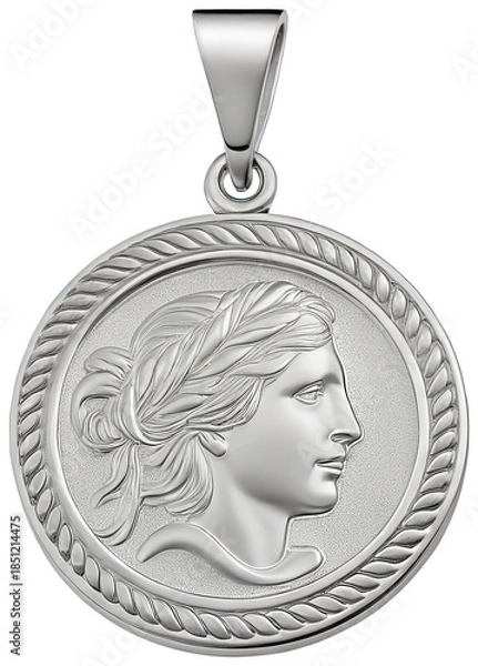 Fototapeta Highly detailed, polished silver-colored circular pendant featuring a relief portrait of a classical female figure with flowing hair, rendered in a realistic, isolated on transparent background.