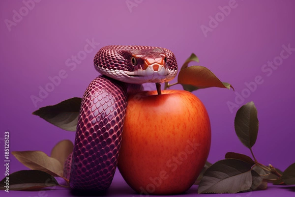 Obraz Snake wrapped around apple with leaf