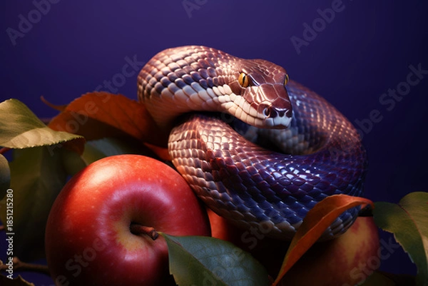 Obraz Snake wrapped around apple with leaf