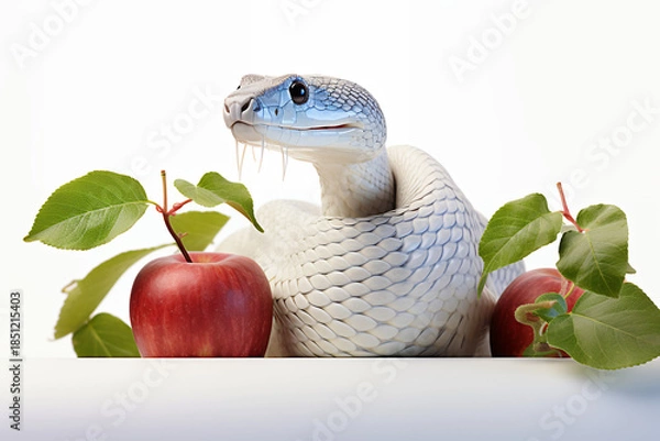 Obraz Snake wrapped around apple with leaf 3d rendering white background