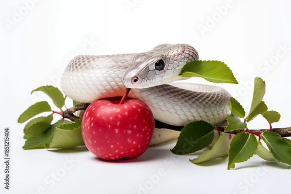 Obraz Snake wrapped around apple with leaf 3d rendering white background