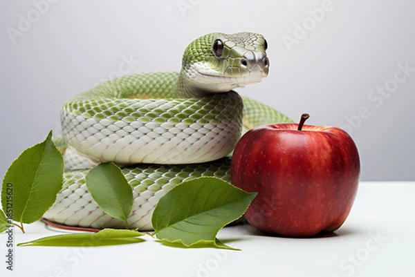 Obraz Snake wrapped around apple with leaf 3d rendering white background