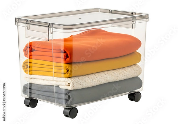 Obraz Clear Plastic Storage Bin with Clothes.