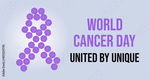 Fototapeta Banner for Cancer Day with the 2026 theme "United by Unique" and an overhead view of people under umbrellas forming a purple ribbon