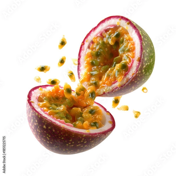 Obraz Juicy passion fruit halves exploding with seeds against a stark black background