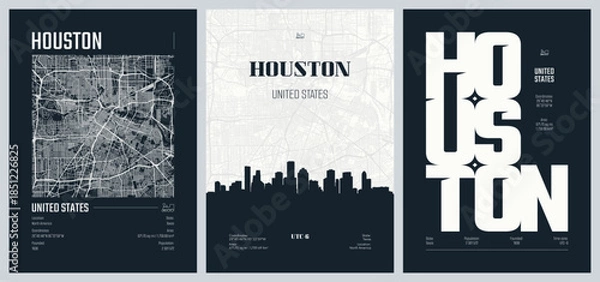 Obraz Set of travel posters with Houston, detailed urban street plan city map, Silhouette city skyline, vector artwork, set 2