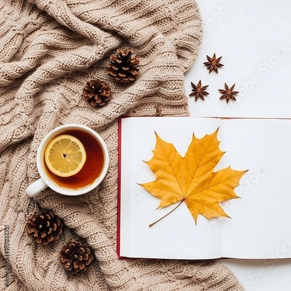 Obraz Autumn Inspired Cozy Scene with Leaf Notebook and Tea
