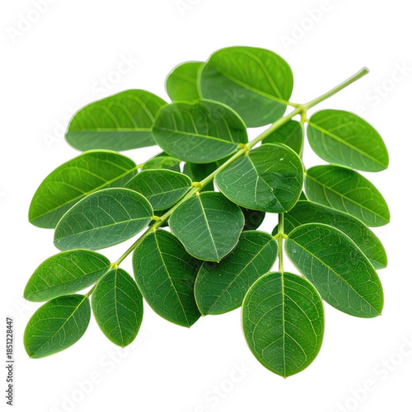 Obraz Vibrant green moringa leaves isolated on a solid black background.