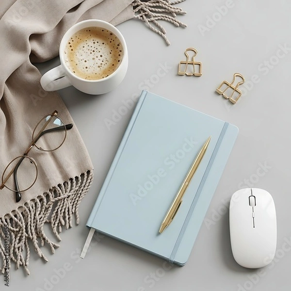 Obraz coffee cup and notebook with pen on gray surface