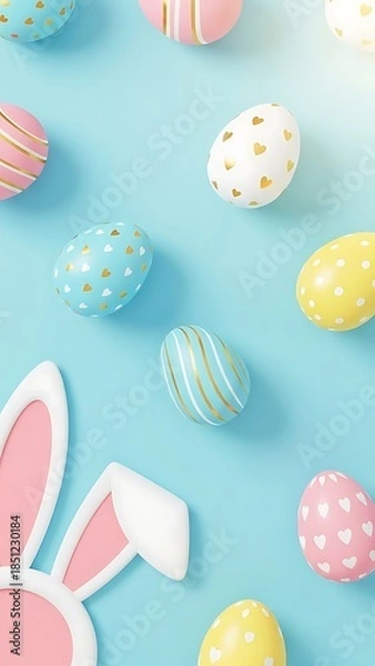 Obraz Colorful Decorated Easter Eggs with Bunny on Blue Background