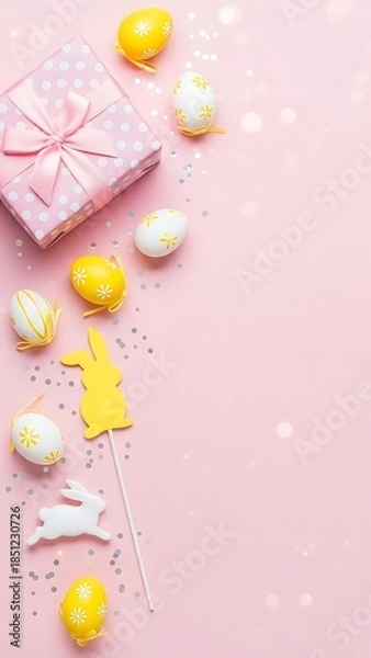 Obraz Colorful Easter Eggs and Bunny Decorations on Pink Background