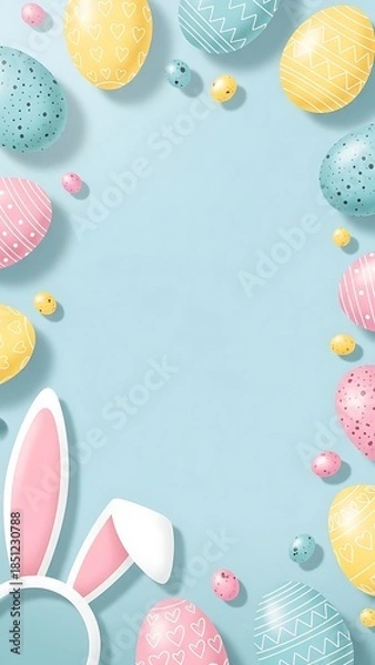 Obraz Colorful Easter Eggs and Bunny Ears on Light Blue Background