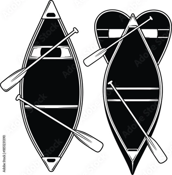 Fototapeta Classic and Stylized Canoes with Paddles - Black and White Vector Art for Outdoor Adventure