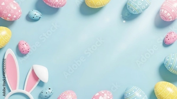 Obraz Colorful Easter Eggs with Bunny Ears on Light Blue Background