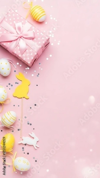 Obraz Easter decorations with eggs and gift on pink