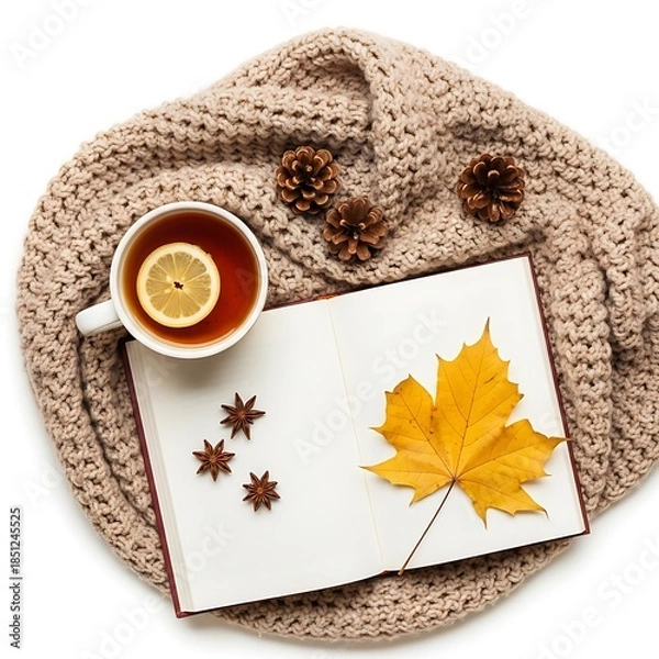 Obraz Autumn Flatlay with Tea and Leaves for Cozy Fall Decor