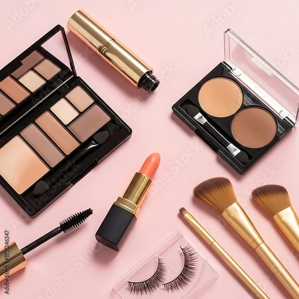 Obraz makeup products on pink background