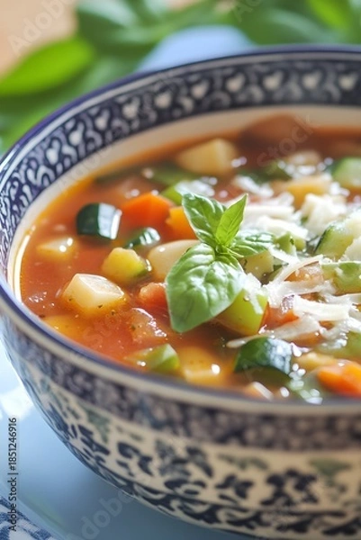 Obraz Minestrone soup with basil and cheese in decorative bowl