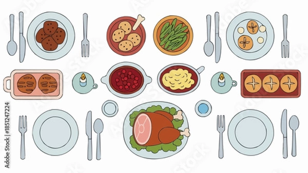 Fototapeta Top View Christmas Dinner Table – Flat Vector Illustration
