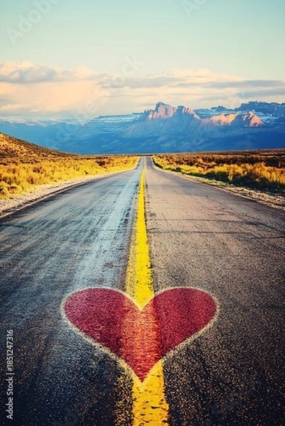 Obraz Heart painted on asphalt road leading to mountains