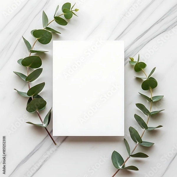 Obraz Minimalist Eucalyptus Greenery Frame on White Marble Background