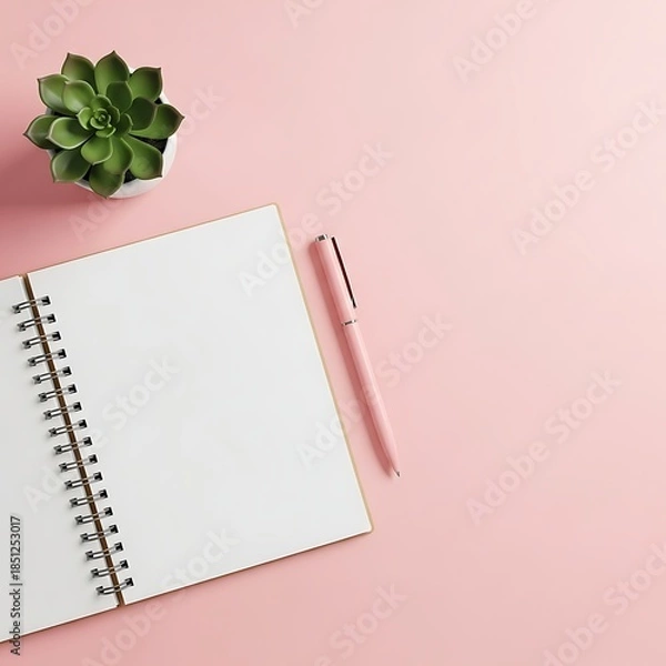 Obraz Minimalist Pink Desk Setup with Notebook and Succulent