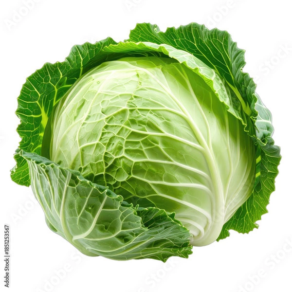 Obraz A vibrant, fresh green cabbage isolated against a solid black background.