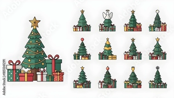 Obraz Christmas Pattern with Trees and Gift Boxes on White Background