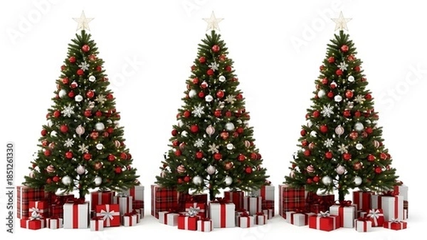 Fototapeta Three Decorated Christmas Trees with Gifts on White Background