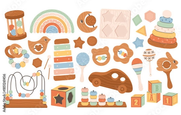 Obraz Wooden children toys collection. Wood blocks, xylophone, pyramid, montessori games. Childhood, educational children games, preschool activities concept. Flat vector illustration