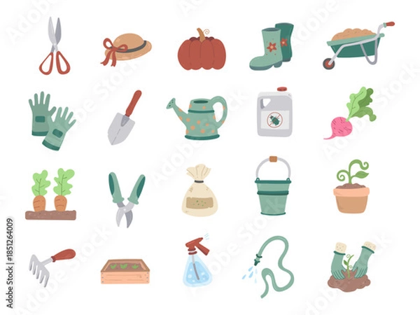 Obraz Garden set in scandinavian style, tools and planting equipment for cultivating vegetables and maintaining activities with various helpful items designed for everyday work and for your projects