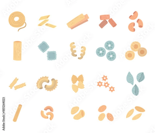 Obraz Pasta food set in scandinavian style featuring spaghetti penne lasagne rigatoni gobbetti cannelloni ravioli cavatappi rotelle anelli fusilli farfalle conchiglie orzo