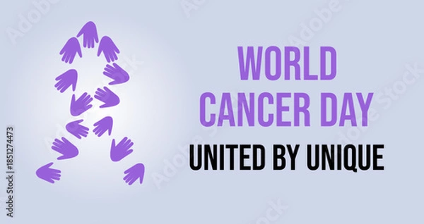 Fototapeta Banner for Cancer Day with the 2026 theme "United by Unique" and handprints of different people forming a purple ribbon