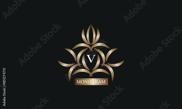 Obraz Monogram design template with letter V in the center and place for text. Elegant company branding, emblem, invitation, label, business sign.