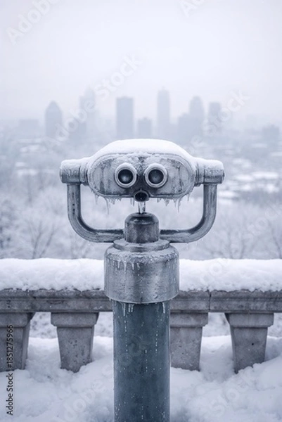 Obraz Frozen binocular viewer overlooking snowy winter cityscape