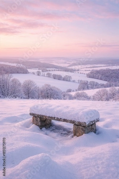 Obraz Stone bench covered in snow overlooking winter sunrise valley