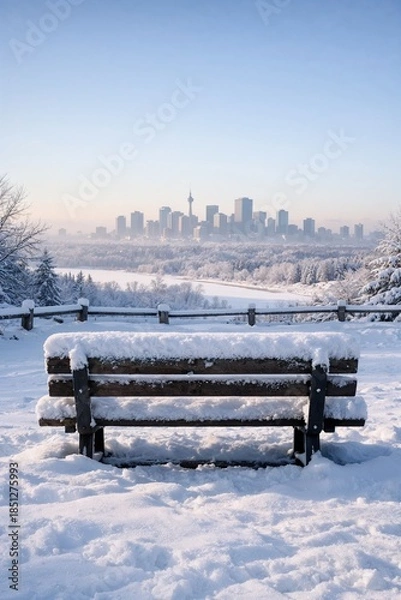 Obraz Snow-covered bench facing winter city skyline at sunrise