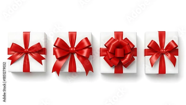 Obraz White Gift Boxes with Red Ribbons in Progressive Bow Styles