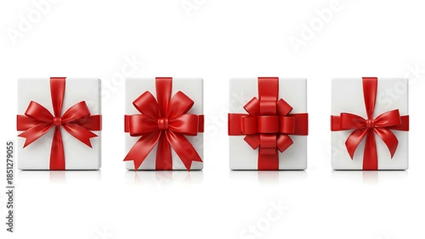 Obraz White Gift Boxes with Red Ribbons in Progressive Bow Styles