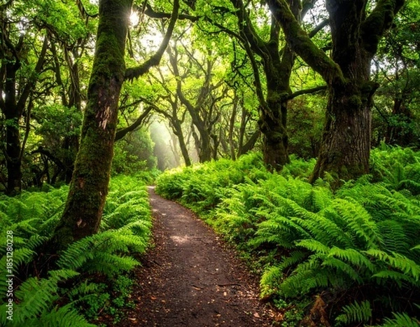 Obraz Sunlight streams through a lush, verdant forest path