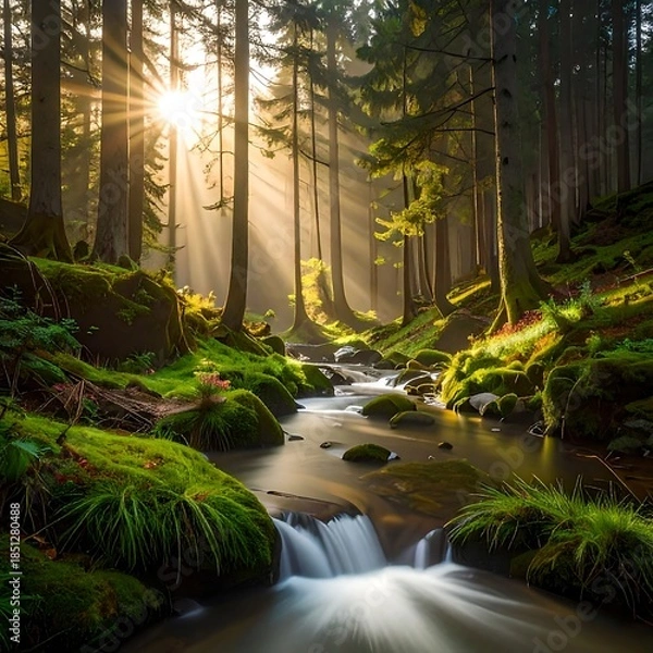 Obraz Sunlight streams through a misty forest (3)