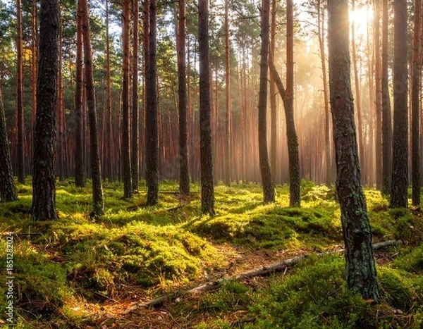 Obraz Sunlight streams through a misty pine forest