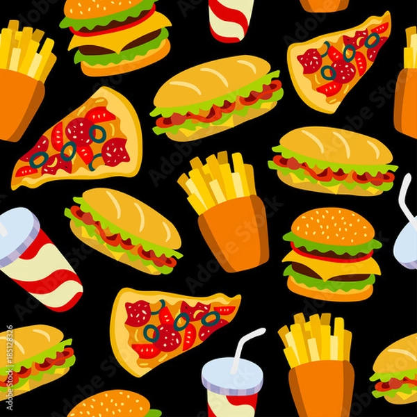 Fototapeta Fast food pattern on a black background. Texture for wallpaper, fills, web page background.