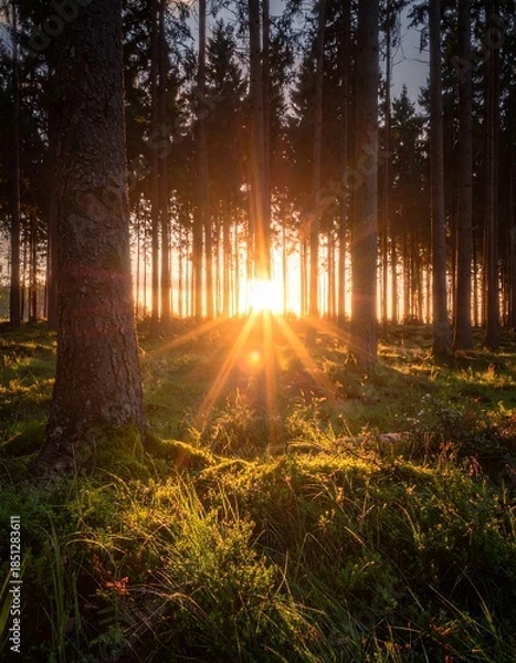 Obraz Sunlight streams through a pine forest