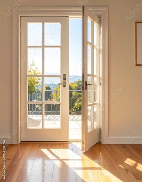 Obraz Sunlight streams through a white French door to a patio overlooking a landscape