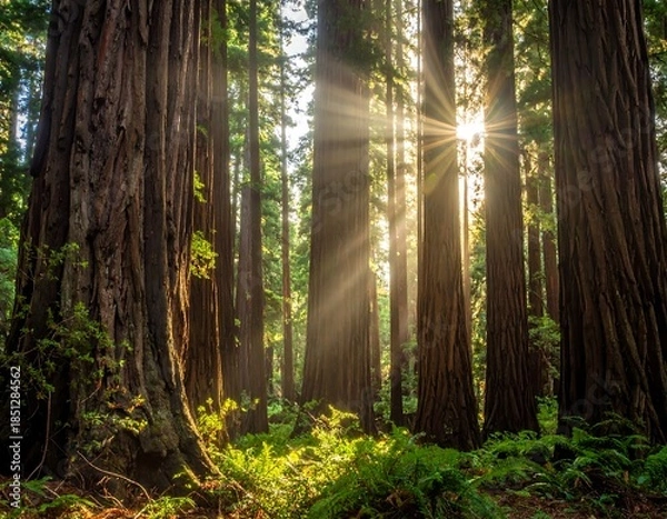 Obraz Sunlight streams through ancient redwood forest