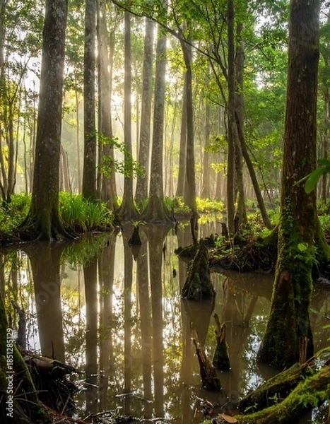 Obraz Sunlight filtering through a tranquil swamp forest